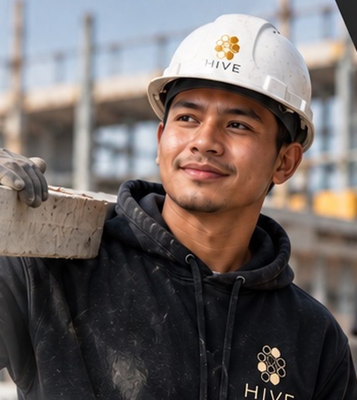 Bauhelfer mit Schutzhelm auf einer Baustelle